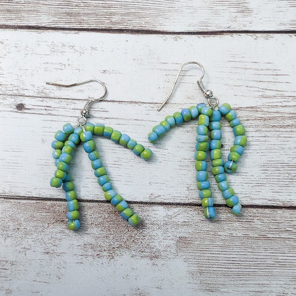 Vintage Earrings For Pierced Ears Light Blue & Green Beaded Dangle